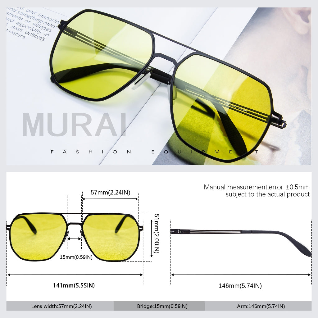 MURAI Merek Jepang Kacamata Hitam Sunglasses Yellow（night Visio）kacamata yang pakai di malam Polarized Anti Silau Fashion Pria Wanita Unisex Square black frame Terbaru – Fashion Mewah 5007 - M03 Yellow