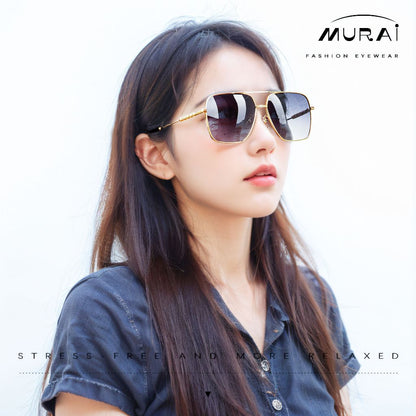 MURAI Merek Jepang Kacamata Hitam Aviator Sunglasses Unisex Polarized Driving Classic Shades - Protection with Accessories MR7601 - 4 Gold - Blue lenses