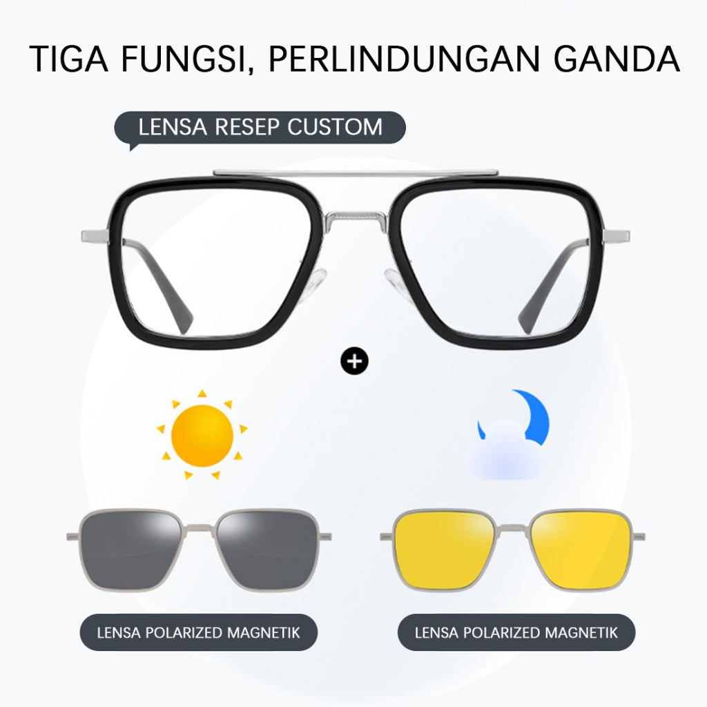 MURAI Merek Jepang Antiradiasi Blueray Free 2 Clip on Polarized Kotak Pria Frame Kacamata Bisa Minus 7701 - 2 Brown - Gold colour