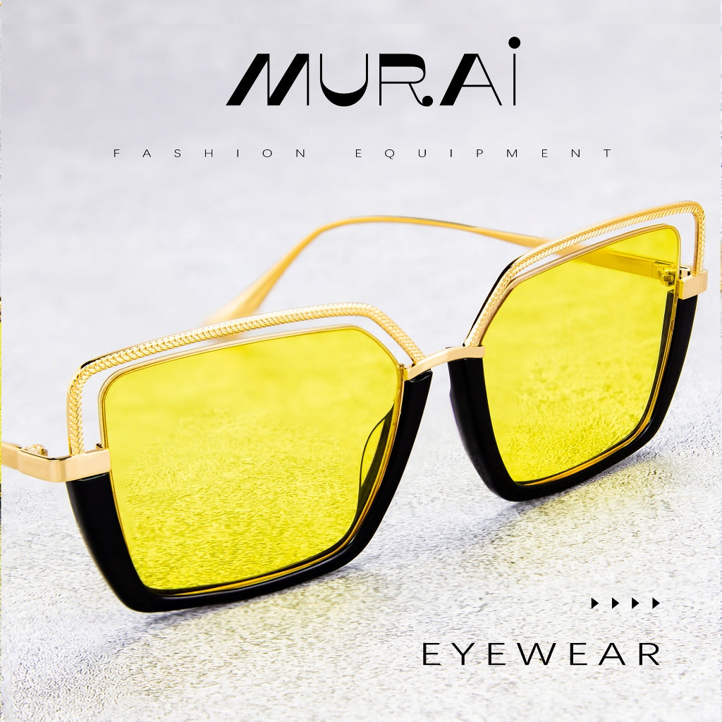 MURAI Kacamata Hitam Rectangular Polarized Aviator Sunglasses Unisex Retro Pilot Shades Driving Protection kacamata yang pakai di malam MR7604 - 3 Yellow(night Vision)