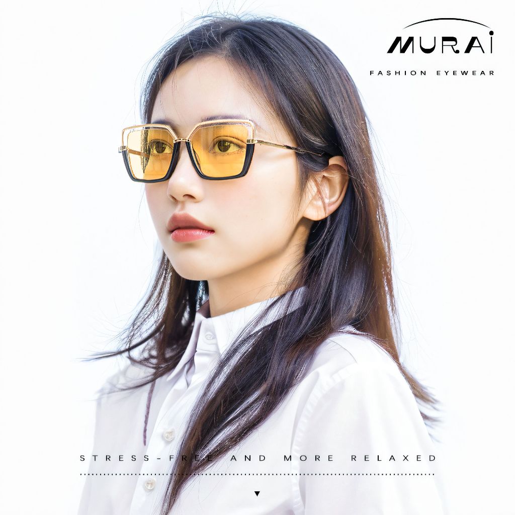 MURAI Kacamata Hitam Rectangular Polarized Aviator Sunglasses Unisex Retro Pilot Shades Driving Protection kacamata yang pakai di malam MR7604 - 3 Yellow(night Vision)