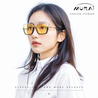 MURAI Kacamata Hitam Rectangular Polarized Aviator Sunglasses Unisex Retro Pilot Shades Driving Protection kacamata yang pakai di malam MR7604 - 3 Yellow(night Vision)
