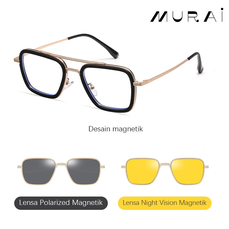MURAI Merek Jepang Antiradiasi Blueray Free 2 Clip on Polarized Kotak Pria Frame Kacamata Bisa Minus 7701 - 3 Black - Silver