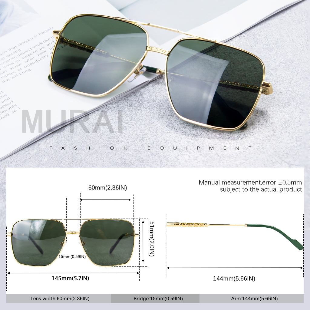 MURAI Merek Jepang Kacamata Hitam Aviator Sunglasses Unisex Polarized Driving Classic Shades - Protection with Accessories MR7601 - 2 Gold - green lenses