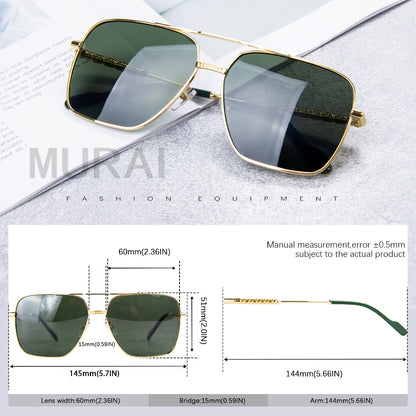 MURAI Merek Jepang Kacamata Hitam Aviator Sunglasses Unisex Polarized Driving Classic Shades - Protection with Accessories MR7601 - 2 Gold - green lenses