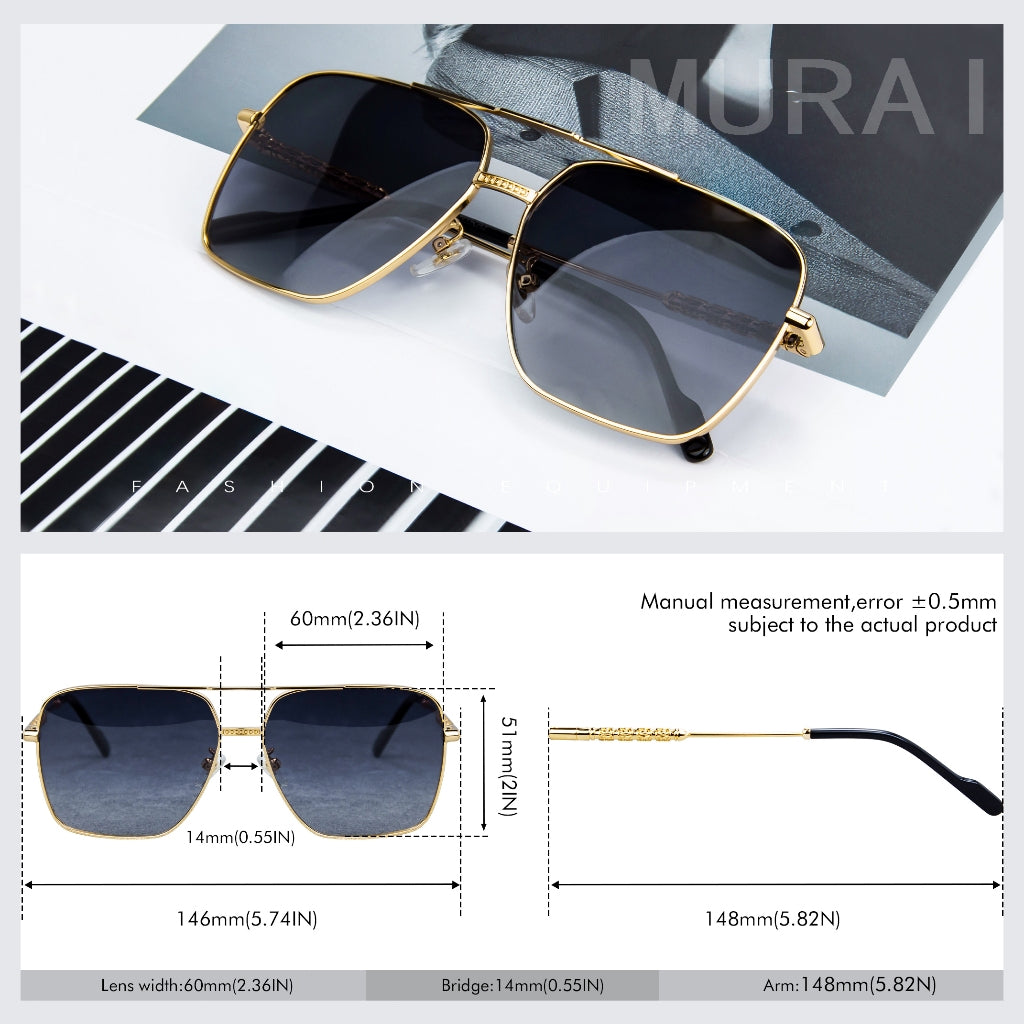 MURAI Merek Jepang Kacamata Hitam Aviator Sunglasses Unisex Polarized Driving Classic Shades - Protection with Accessories MR7601 - 4 Gold - Blue lenses
