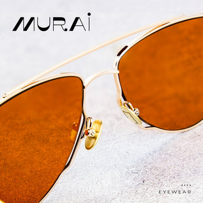 MURAI Merek Jepang Kacamata Hitam Wanita Terbaru – Fashion Mewah Aviation HD Polarized Anti Silau Cahaya Matahar Polarized Anti Silau Fashion Wanita Unisex MR7607 - 1 Gold - Orange lenses