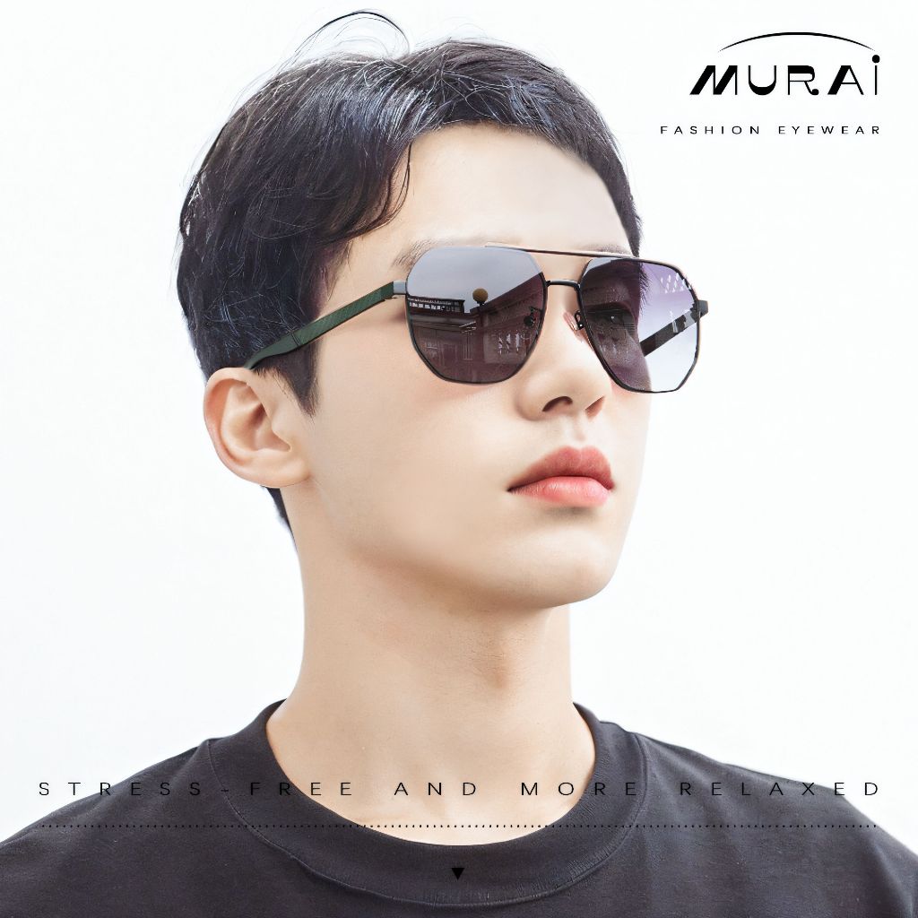 MURAI Merek Jepang Kacamata Hitam Sunglasses Pria Wanita Aviation HD Polarized Anti Silau Cahaya Matahari Gun square sunglasses anti radiasi high quality materia Terbaru – Fashion Mewah 2507 - M05 Gun（Blue gradient lenses）