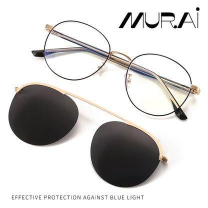 MURAI Merek Jepang Antiradiasi Blueray Free 1 Clip on Polarized Kotak Pria Frame Kacamata Bisa Minus 7007 - 3 Black - Blue clip