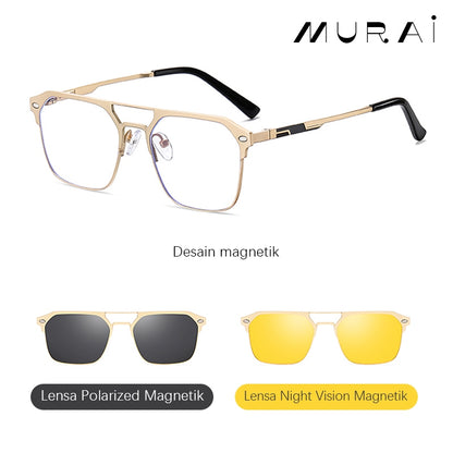 MURAI Merek Jepang Antiradiasi Blueray Free 2 Clip on Polarized Kotak Pria Frame Kacamata Bisa Minus 7041 - 1 Black