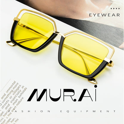 MURAI Kacamata Hitam Rectangular Polarized Aviator Sunglasses Unisex Retro Pilot Shades Driving Protection kacamata yang pakai di malam MR7604 - 3 Yellow(night Vision)