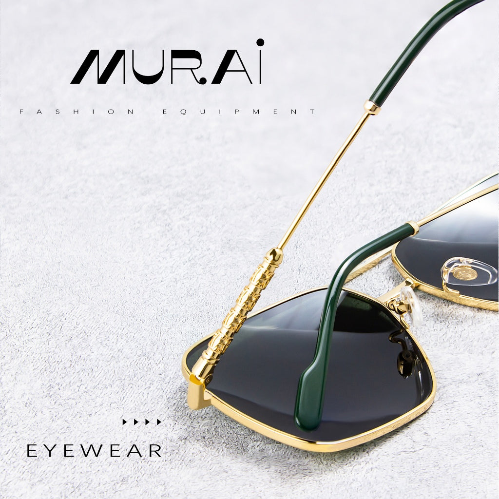 MURAI Merek Jepang Kacamata Hitam Aviator Sunglasses Unisex Polarized Driving Classic Shades - Protection with Accessories MR7601 - 2 Gold - green lenses