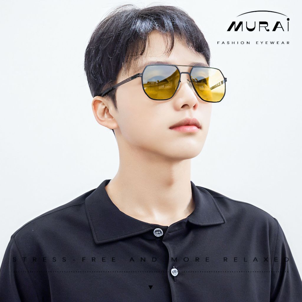 MURAI Merek Jepang Kacamata Hitam Sunglasses Yellow（night Visio）kacamata yang pakai di malam Polarized Anti Silau Fashion Pria Wanita Unisex Square black frame Terbaru – Fashion Mewah 5007 - M03 Yellow