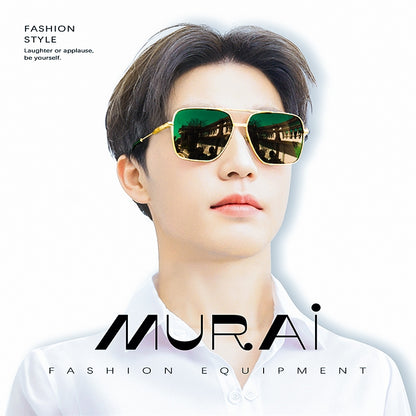 MURAI Merek Jepang Kacamata Hitam Aviator Sunglasses Unisex Polarized Driving Classic Shades - Protection with Accessories MR7601 - 2 Gold - green lenses