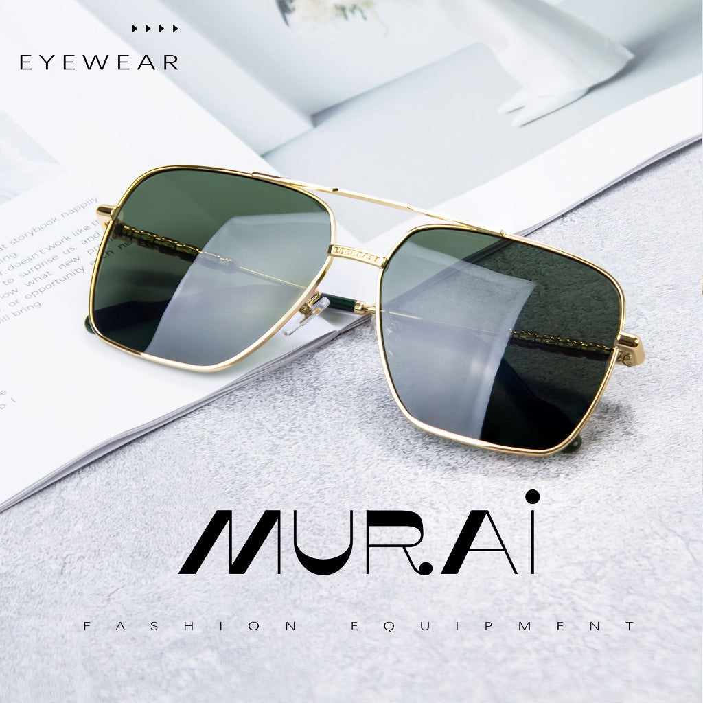 MURAI Merek Jepang Kacamata Hitam Aviator Sunglasses Unisex Polarized Driving Classic Shades - Protection with Accessories MR7601 - 2 Gold - green lenses