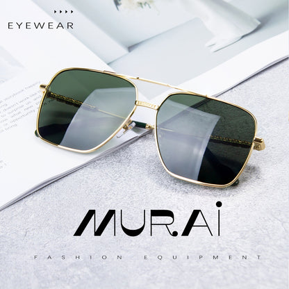 MURAI Merek Jepang Kacamata Hitam Aviator Sunglasses Unisex Polarized Driving Classic Shades - Protection with Accessories MR7601 - 2 Gold - green lenses