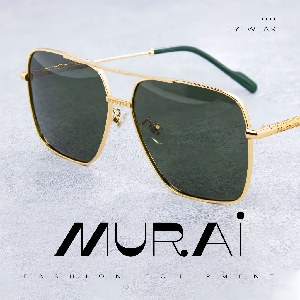 MURAI Merek Jepang Kacamata Hitam Aviator Sunglasses Unisex Polarized Driving Classic Shades - Protection with Accessories MR7601 - 2 Gold - green lenses