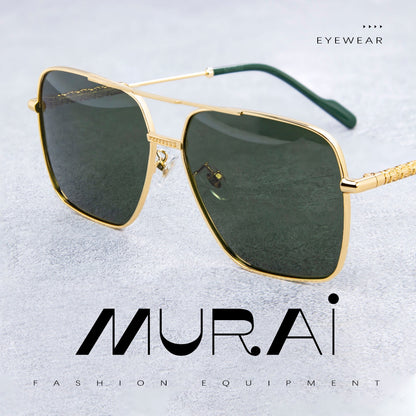 MURAI Merek Jepang Kacamata Hitam Aviator Sunglasses Unisex Polarized Driving Classic Shades - Protection with Accessories MR7601 - 2 Gold - green lenses