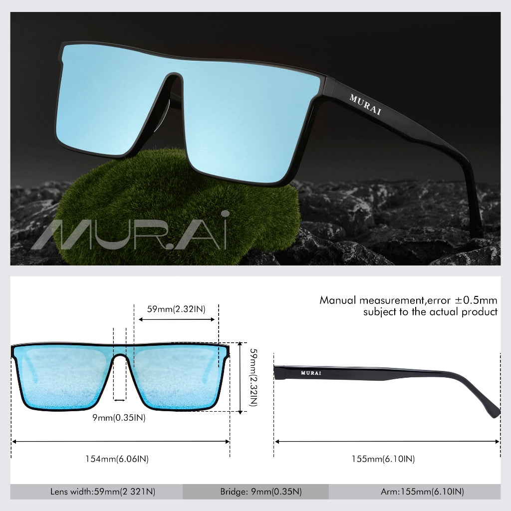 MURAI Merek Jepang Kacamata Hitam Rectangular Polarized SQUARE FRAME Sunglasses Unisex Retro Pilot Shades Driving Protection RC009A - 3 Light blue