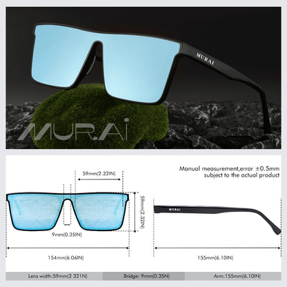 MURAI Merek Jepang Kacamata Hitam Rectangular Polarized SQUARE FRAME Sunglasses Unisex Retro Pilot Shades Driving Protection RC009A - 3 Light blue