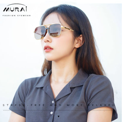 MURAI Merek Jepang Kacamata Hitam Rectangular Polarized Aviator Sunglasses Unisex Retro Pilot Shades Driving Protection 3177 - 2 Gold