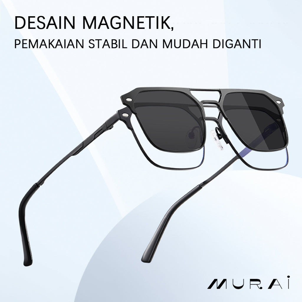 MURAI Merek Jepang Antiradiasi Blueray Free 2 Clip on Polarized Kotak Pria Frame Kacamata Bisa Minus 7041 - 1 Black